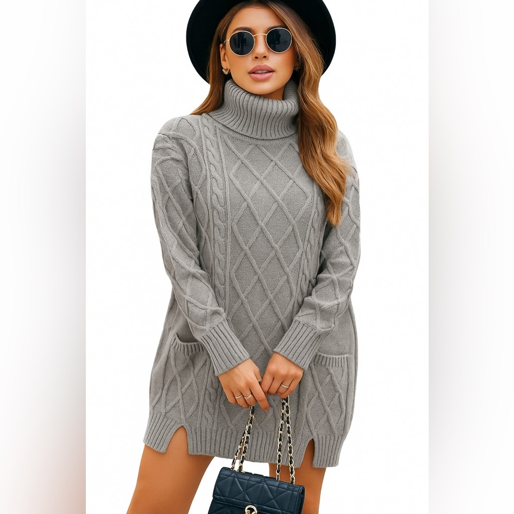 ZAFUL Gray Cable Knit Turtleneck Sweater Mini Dress‎ Size S NWT